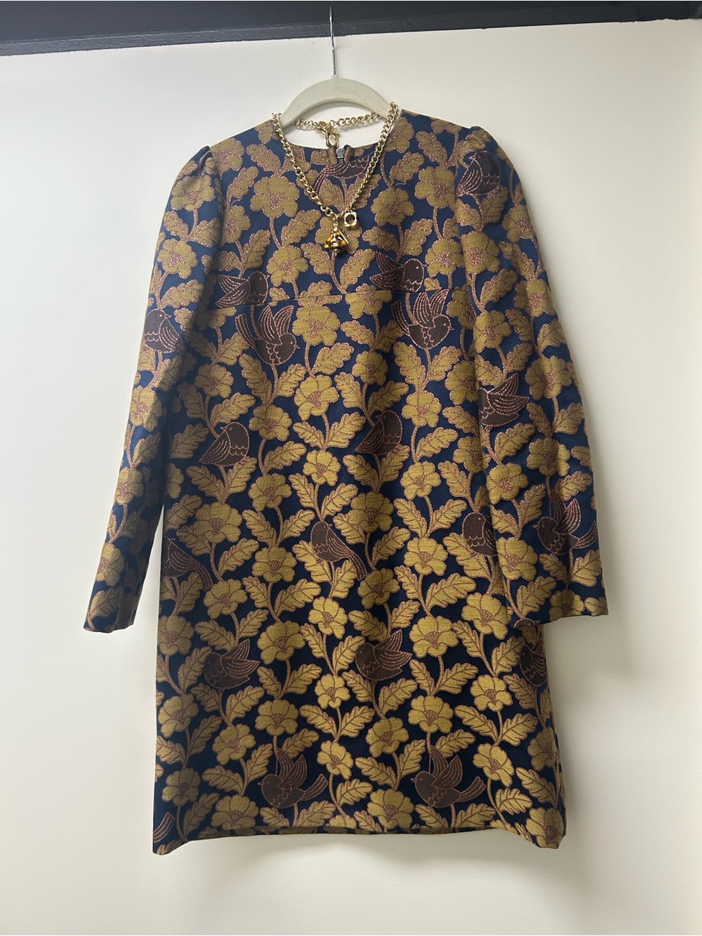 Orla Kiely Gold Floral Jacquard Long Sleeve Shift Dress PLUS Necklace